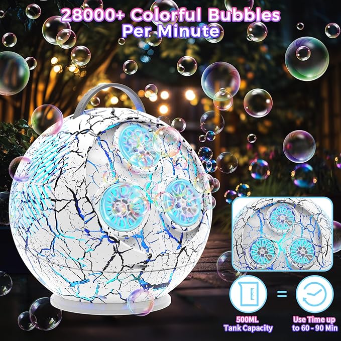 Bubble Machine Automatic Bubble Blower for Kids Toddlers Rechargeable Portable Spherical LED Bubble Maker Electric Auto Rotating 45°/360° Outdoor Toy Birthday Party Wedding (Spherical Crackle White)-CubbioJoy