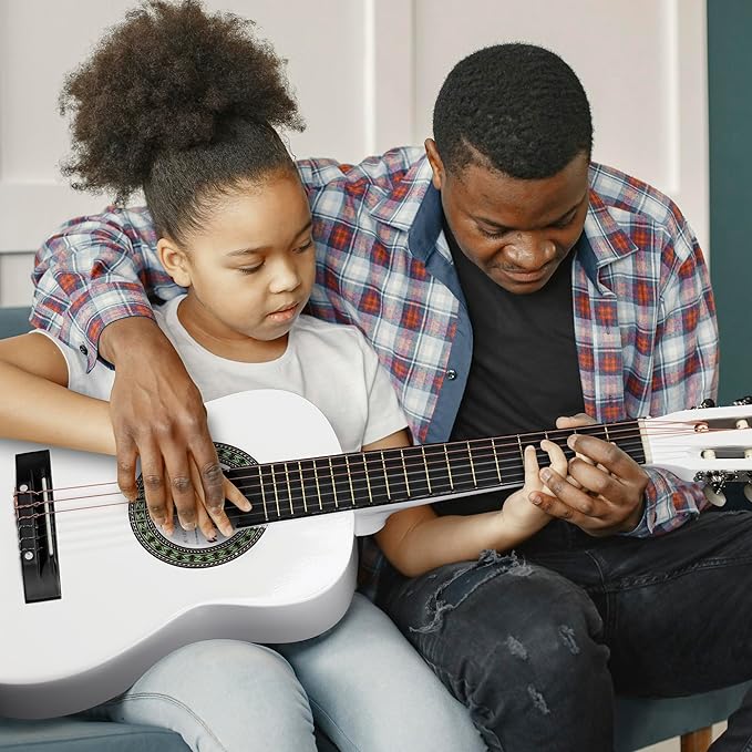 ADM Beginner Acoustic Classical Guitar Nylon Strings Wooden Guitar Bundle Kit for Kid Boy Girl Student Youth Guitarra Online Lessons with Gig Bag, Strap, Tuner, Picks (30 Inch, White)-CubbioJoy