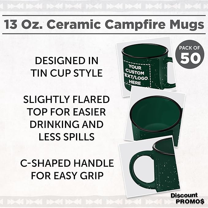 DISCOUNT PROMOS Custom Ceramic Campfire Coffee Mugs 13 oz. Set of 50, Personalized Bulk Pack - Perfect for Tea, Espresso, Cappuccino, Hot Cocoa - Green-CubbioJoy