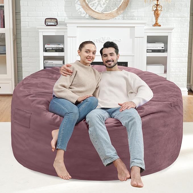 4FT Bean Bag Chair, Large Bean Bag Chairs with Memory Foam Filled, Fluffy Beanbag Sofa with Dutch Velvet Cover, Round BeanBag Chairs for Living Room, Playroom - Dusty Pink-CubbioJoy