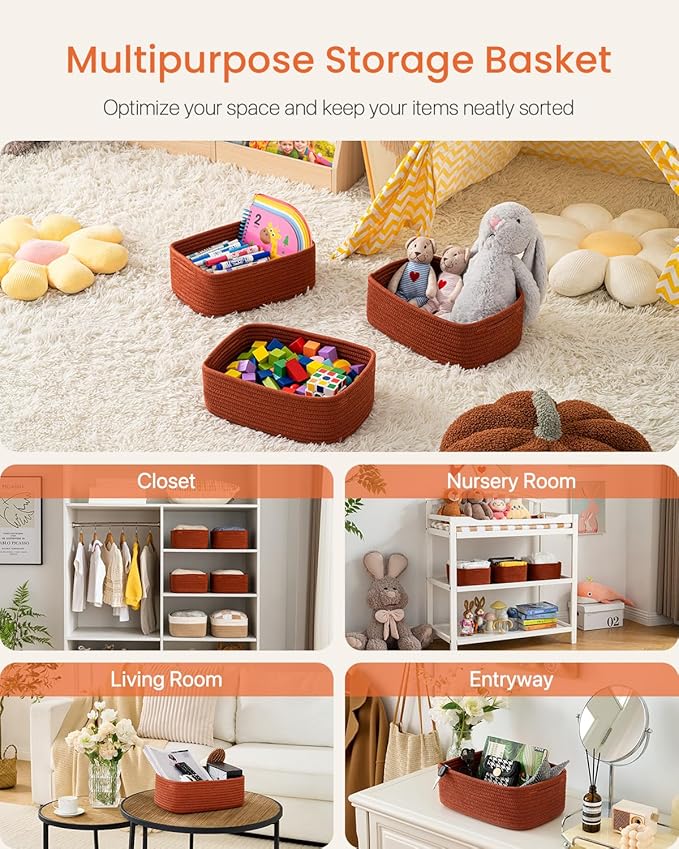 KALLAX Small Woven Basket, 12 x 8 x 4.5 Inches, Storage Basket for Organizing, Cute Small Rope Shelf Closet Cube Storage Bins Baskets for Shelves, Dog Toy Gift Baskets Empty, 3 Pack Rust Red-CubbioJoy