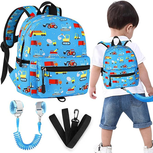 Accmor Toddler Backpack with Leash, Baby Backpacks with Anti Lost Wrist Link, Cute Mini Kids Backpack Leash Walking Harness for Travel, Small Excavator Backpack Tether for Boys Girls 1-3 (Light Blue)-CubbioJoy