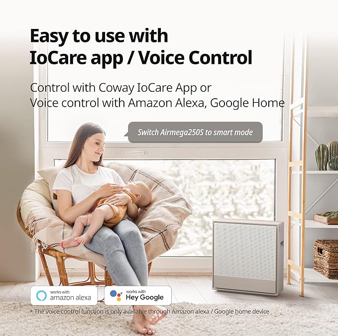 COWAY Air Purifiers for Home Large Room Up to 930 ft², Washable Pre-Filter and True HEPA Filter for Smoke, Allergies, Pet Dander, Odor, AQI, App Control, Smart & Rapid Mode, 3yr Warranty, 250S-CubbioJoy