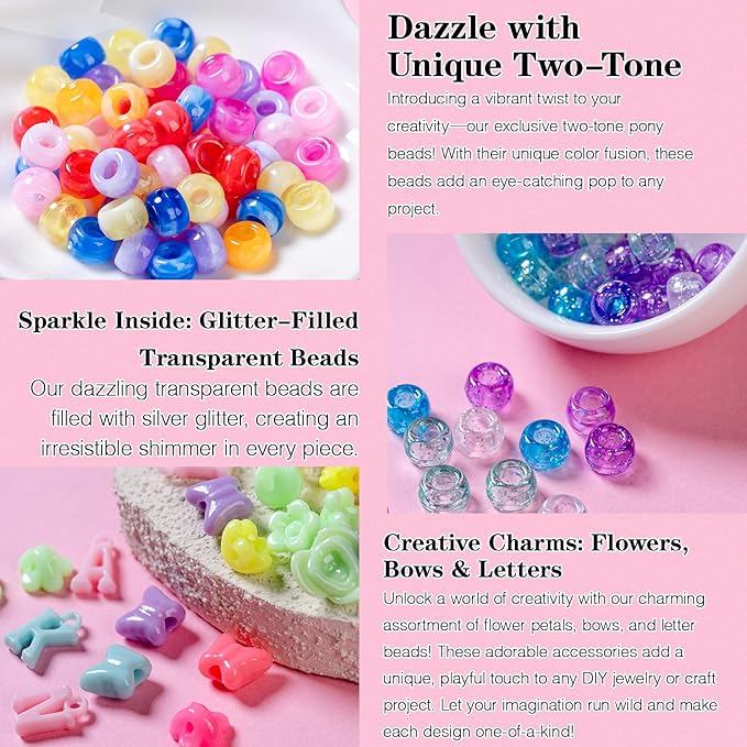 5 Boxes Bracelet Making Kit Pony Beads, 6x9mm Kandi Rave Beads & Hair Beads Set with UV Color Changing, Glow-in-Dark, Chrome & Alphabet Letters for Friendship Jewelry DIY Crafts-CubbioJoy