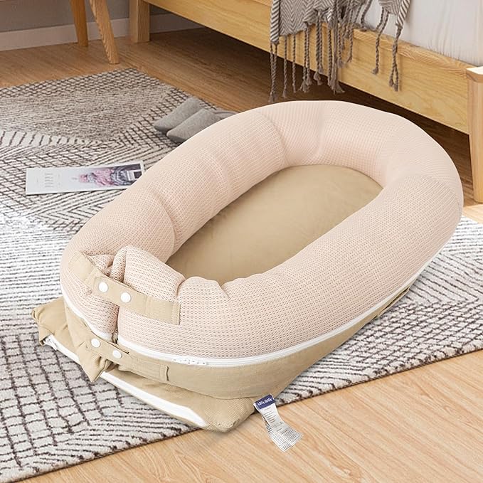 Baby Lounger, Deluxe Infant Lounger, Baby Nest Cover for Baby, Breathable Cotton, Adjustable Baby Floor Seat for Tummy Time, Newborn Essentials for Baby 0-12 Months (Khaki)-CubbioJoy