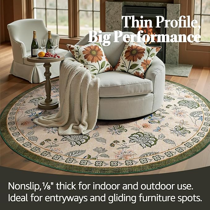 jinchan 6ft Floral Round Rug for Dining Room Washable Living Room Rug Vintage Romance Design Non Slip Indoor Floor Cover Lightweight Low-Profile Throw Carpet for Bedroom Porch Patio, Green/Beige-CubbioJoy