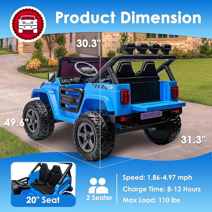 24V 2 Seater Ride On Truck with Remote Control 4WD Electric Car for Kids Ride On Car Battery Powered Ride On Toy Car with Music Player, LED Lights, Bluetooth, Rear Shock Absorber, Blue-CubbioJoy