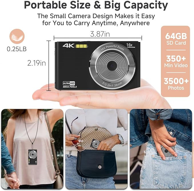 Digital Camera FHD 4K Kids Camera 44MP with 64GB SD Card 2 Batteries Autofocus 16X Digital Zoom Compact Portable Point and Shoot Digital Small Vintage Camera for Teens Boys Girls Students (Black)-CubbioJoy