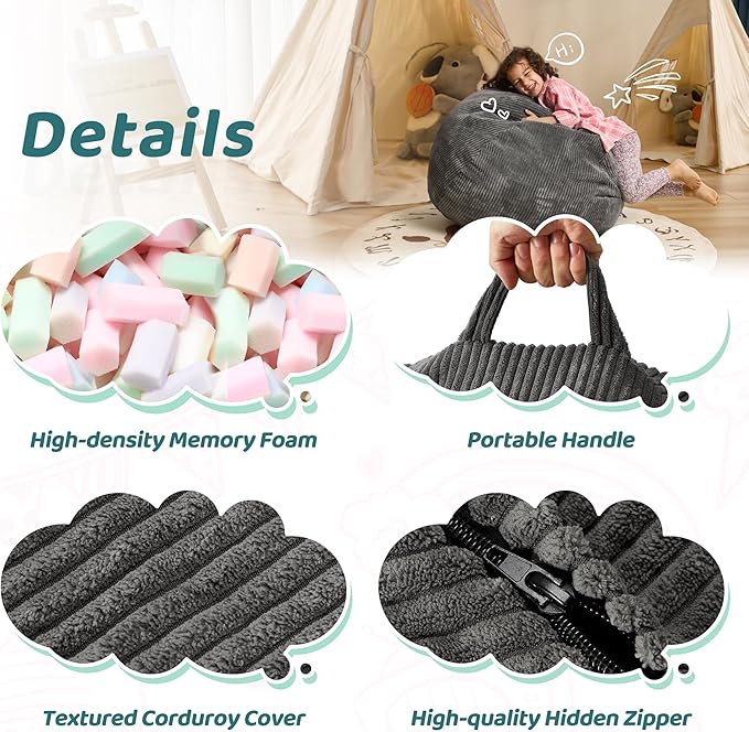 Bean Bag Chairs Teardrop Bean Bag Chair Beanbag Chair with Memory Foam Filled Machine Washable Cover for Living Room, Bedroom (Small,Grey)-CubbioJoy