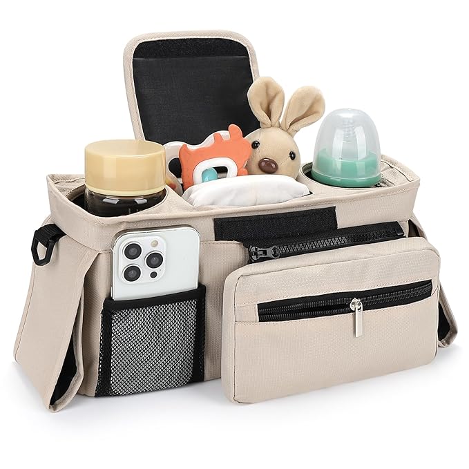 Accmor Universal Stroller Organizer with Insulated Cup Holder Detachable Phone Bag and Shoulder Strap,Stroller Bag Caddy Organizer Fits for Uppababy, Baby Jogger, Britax Strollers-CubbioJoy