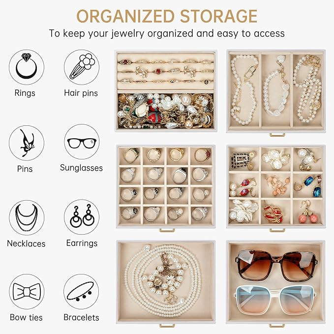 AKOZLIN 6-Tier Jewelry Box Organizer Functional 5 Drawers Leather Jewelry Storage Case for Women Girls Ring Necklace Earring Bracelet Holder Organizer with Mirror White-CubbioJoy