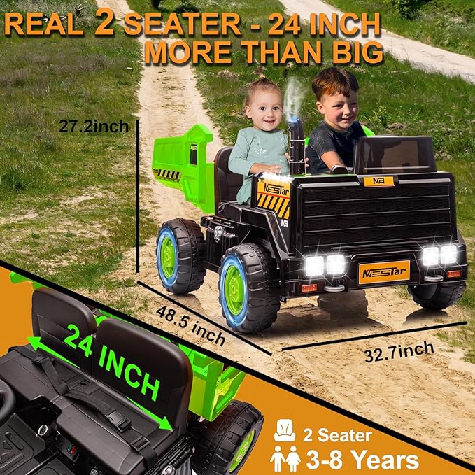24V Ride On Dump Truck, 24inch-2 Seater Ride On Car for Kids w/Remote Control 4WD/2WD Up to 5 Mph, 24v Ride on Toys for Big Kids w/Electric Dump Bed Extra Shovel Traffic Cones (Green)-CubbioJoy