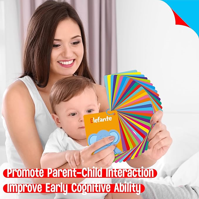 51 PCS Spanish Baby Cognitive Flashcards, Double Sided Printed 7 in 1 Colorful Cards Alphabet, Numbers, Foods, Animals, Shapes, Colors with 2 Reclosable Rings, Learning Tool for Toddlers-CubbioJoy