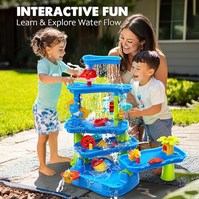 CozyBomB™ Water Table for Toddlers 3-5 | Outdoor Toys Water Play Table, Magnetic Fishing Toy Game, Summer Splash Pond Showers Sand Activity, Sensory Party Birthday Gift Kids Ages 4-8 9-12 (5-Tiers)-CubbioJoy