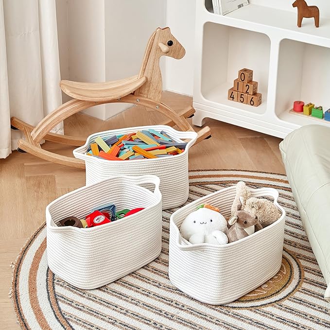 3 Packs Cotton Rope Woven Basket With Handles for Shelves -15"*10.2"*9.1"(White)-CubbioJoy