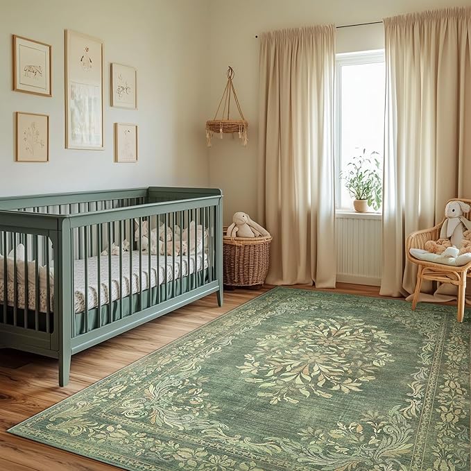 jinchan Floral 6x9 Green Area Rugs for Living Room - Machine Washable Vintage Distressed Design Soft Throw Rug Non-Slip Large Carpet for Bedroom Dining Room Home Office Nursery (6x9ft,Dark Green)-CubbioJoy