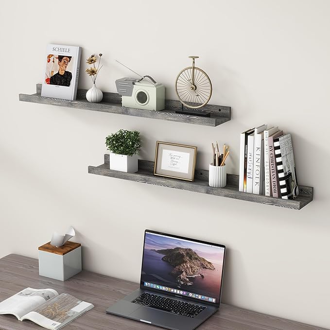 36 Inches Floating Shelves for Wall, Solid Pine Wood Picture Ledge Shelves, Wall Shelves with Lips, Nursery Book Shelves for Toys Storage Living Room Bedroom Photo Frames (2 Pcs, Grey)-CubbioJoy