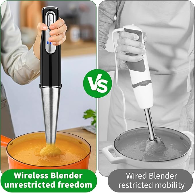 Cordless Immersion Blender Handheld, Rechargeable 4 In 1 Electric Hand Blender Stick Blender Variable Speed with Chopper, Beaker, Whisk, Stainless Steel Blade for Soup, Baby Food, Smoothies-CubbioJoy