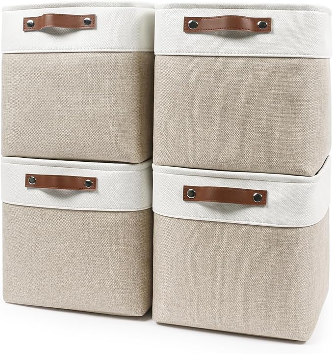 Collapsible Fabric Storage Cubes 11x11 Cube Storage Bins, 4 Pack Closet Baskets Box with Handles for Organizing, Shelf, Toys, Clothes, Home, Office, Nursery (Beige&White)-CubbioJoy