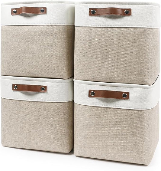 Collapsible Fabric Storage Cubes 11x11 Cube Storage Bins, 4 Pack Closet Baskets Box with Handles for Organizing, Shelf, Toys, Clothes, Home, Office, Nursery (Beige&White)-CubbioJoy