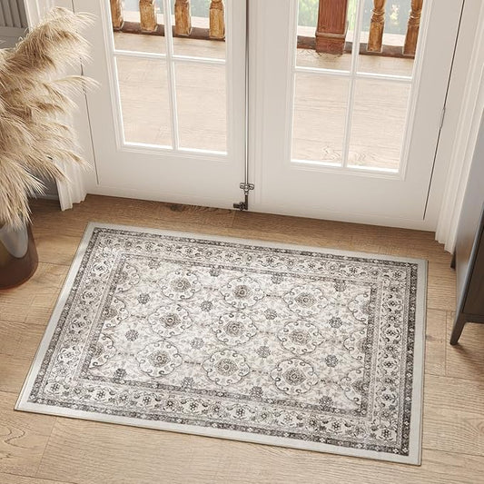 jinchan Floral 2x3 Rugs for Entryway - Machine Washable Beige Vintage Distressed Boho Design Soft Faux Wool Small Non-Slip Doormat for Entrance Kitchen Living Room Bedroom Farmhouse (2‘x3',Beige)-CubbioJoy