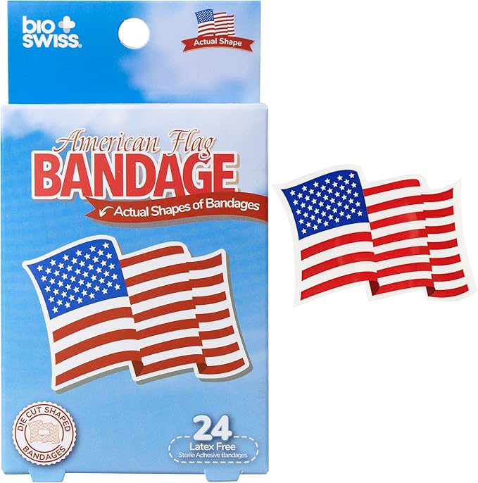 BioSwiss Bandages, American Flag Shaped Self Adhesive Bandage, Latex Free Wound Care, Fun First Aid Kit Supplies for Kids and Adults, 24 Count-CubbioJoy