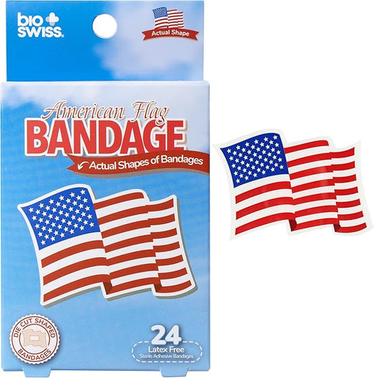BioSwiss Bandages, American Flag Shaped Self Adhesive Bandage, Latex Free Wound Care, Fun First Aid Kit Supplies for Kids and Adults, 24 Count-CubbioJoy