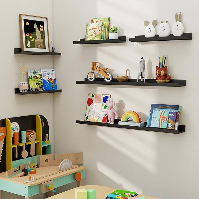 Axeman Picture Ledge Shelf, Floating Shelves for Wall Decor Storage Set of 6, 55 inch Floating Wall Mounted Shelves, Wall Shelves with Lip for Living Room, Bedroom, Nursery, Bathroom, Kitchen, Black-CubbioJoy