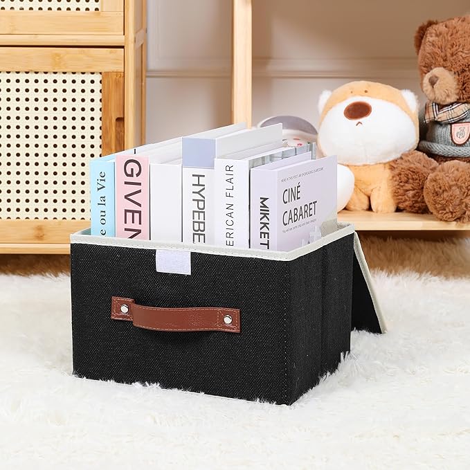 ANMINY Storage Bin with Lid Storage Boxes with PU Leather Handles PP Plastic Board Decorative Foldable Lidded Cotton Linen Fabric Home Cubes Baskets Closet Organizer Container - Black, Small Size-CubbioJoy