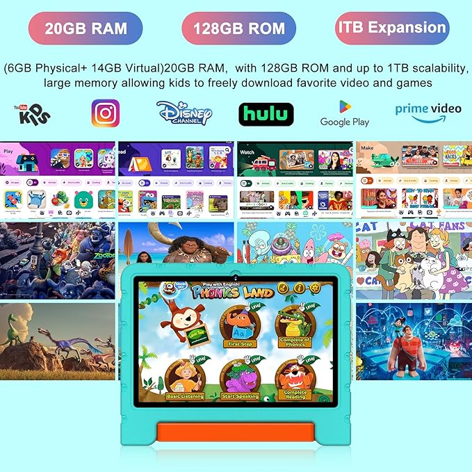 2025 Kids Tablet 10 inch Android 14 Tablets for Kid Octa-Core, 20GB+128GB (TF 1TB), Toddler Tablet with Shockproof Case, 2.4G+5G WiFi 6, Parental Control, Face Unlocked, Split Screen, BT5.0 (Green)-CubbioJoy