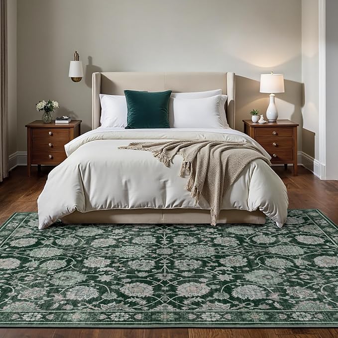 6x9 Area Rug for Living Room & Bedroom, Washable Non-Slip Floral Rugs, Soft Vintage Carpet, Low Pile Wool Carpets for Indoor Dining Home Office Playroom Under Table, Modern Decor, Dark Green-CubbioJoy