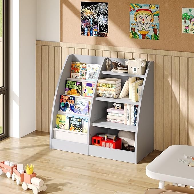 4 Tier Kids Bookshelf,4 Layer Sling Kids Book Shelf for Kids Rooms,Wood Children Bookcase,Baby Storage Book Rack,Toddler Bookshelf, Book and Toy Organizer,Book Display Shelf for Bedroom, Nursery-CubbioJoy