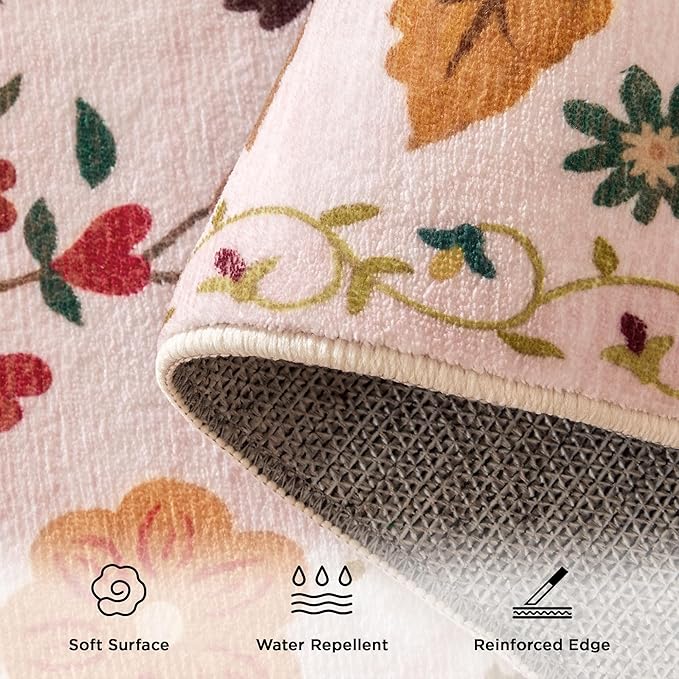 5x7 Washable Rug for Living Room, Pink Floral Area Rug, Non Slip Low Pile Soft Flower Carpet, Large Rugs for Bedroom, Dining Room, Office, Kids Playroom, Nursery, Pink/Beige-CubbioJoy