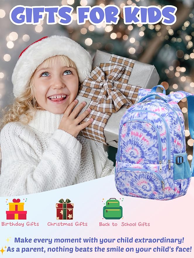 BLUEFAIRY Kids Backpack for Girls Elementary Primary Middle School Bags for Aged 8-10 for Teens Childs Bookbags Back to School Book Bags Cute Mochilas para Niñas Tie-dye Violet-CubbioJoy