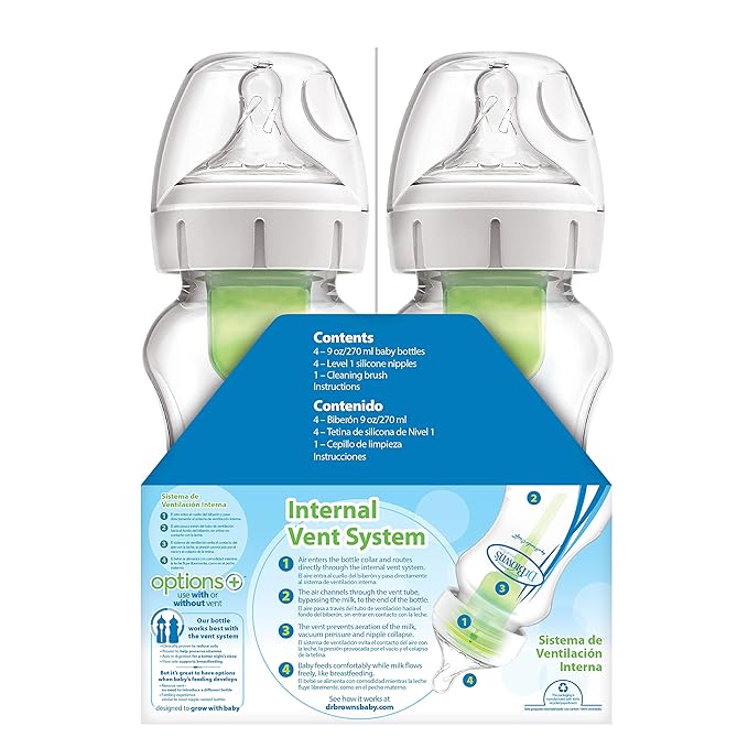Dr. Brown's Natural Flow Anti-Colic Options+ Wide-Neck Baby Bottles, 9 oz/270 mL, with Level 1 Slow Flow Nipple, 4 Pack Good Morning/Good Night Gift Set-CubbioJoy