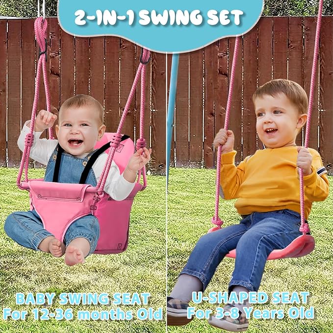 2-in-1 Toddler Swing Set with Metal Stand, Safety Belt & 4 Anchors - A-Frame Swing for Kids 6 Months+ (Pink, Indoor/Outdoor Backyard Playground)-CubbioJoy