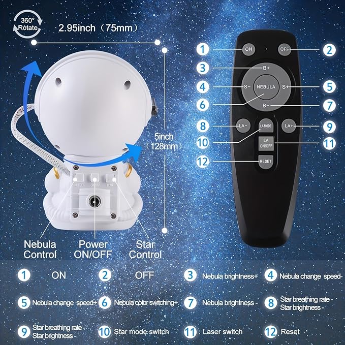 Astronaut Star Projector, Star Projector Galaxy Light for Kids，8 Modes Remote and 270° Adjustable Led Lights for Bedroom, Girls Room Decoration, Home Theater, Ceiling, Timer (White Guitar)-CubbioJoy