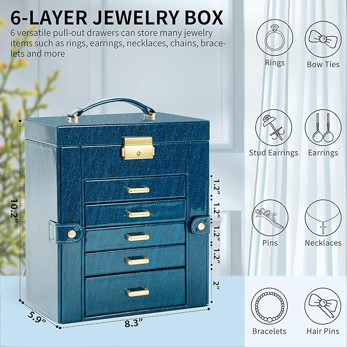 AKOZLIN 6-Tier Jewelry Box Lockable Leather Jewelry Storage Case with 5 Drawers for Women Girls Ring Necklace Earring Bracelet Holder Organizer with Mirror Blue-CubbioJoy