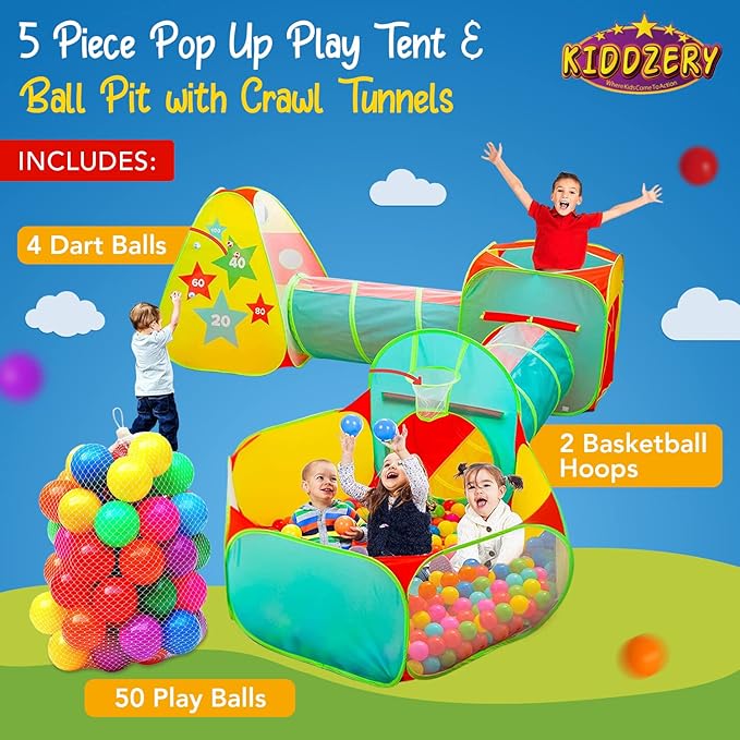 5pc Kids Play Tent for Toddlers with Ball Pit, Crawl Tunnel, Indoor & Outdoor Playhouse, Jungle Gym, Toys for Boys & Girls, Includes Dart Balls, Teepee & Basketball Hoops, (with 50 Balls)-CubbioJoy
