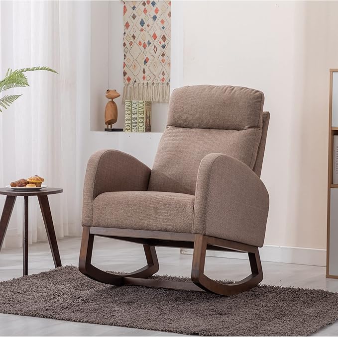 Dolonm Nursery Rocking Chair for Living Room, Upholstered Mid-Century Modern Nursery Rocking Armchair Tall Back Accent Glider Rocker, Camel-CubbioJoy