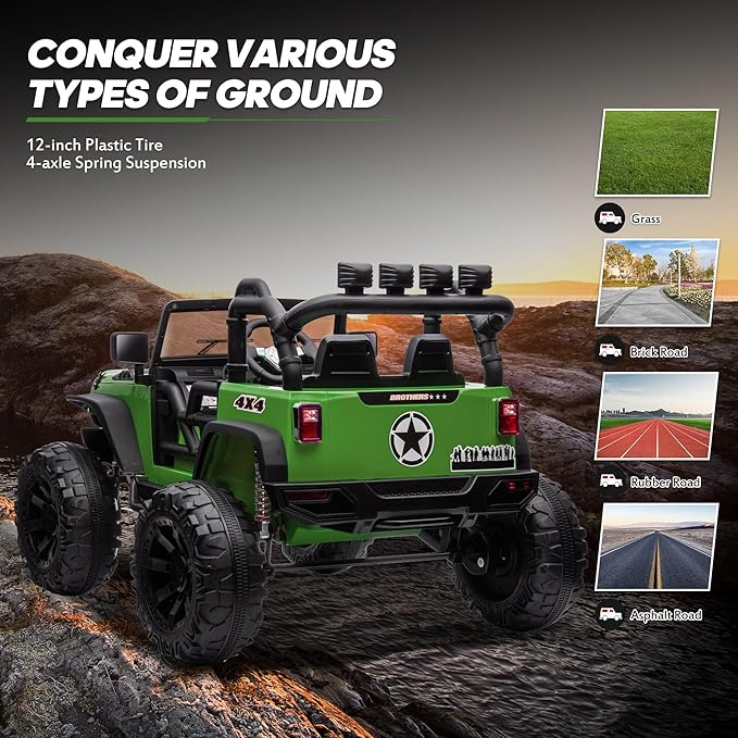 24V 9Ah Ride on Toy for Big Kids, 4x4 2 Seater Ride on Car Truck w/Remote Control, 4x200W Motors - Green-CubbioJoy