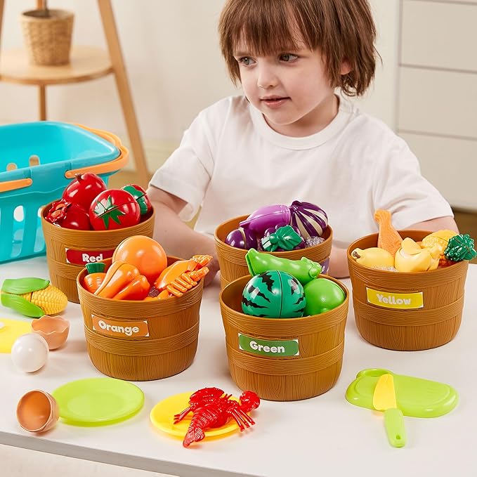 JOYIN Learning Toys Play Food Set for Toddlers, Cutting Food for Preschool Activities, Pretend Play Kitchen Accessories for Kids, Color Sorting Set for Boys & Girls, Daycare Educational Toy-CubbioJoy