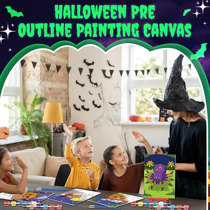 Blosssound 10 Set Pre Printed Canvas Pre Drawn Canvas Painting with Easel Kits 5" x 7" Outline Painting Panels for Beginners, DIY Craft Project, Party Favor, Home Decors(Spider)-CubbioJoy