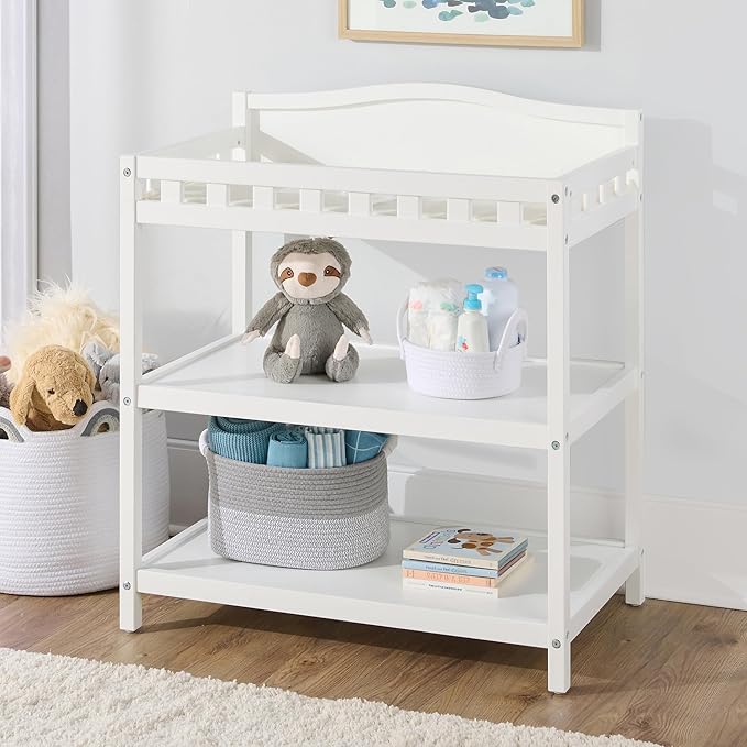 Badger Basket Baby Changing Table with Pad & Shelves - Wooden Changing Table with Storage - Nursery Change Table for Diapers & Baby Essentials, White-CubbioJoy