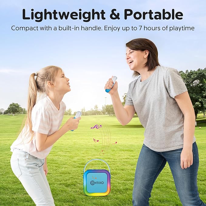Contixo KS1A Kids Mini Karaoke Machine with LED Lights, 7–10H Playback, Dual Wireless Mics, Magic Voice Effects, Bluetooth Speaker for Children, Portable Singing Toy Gift for Boys & Girls, Blue-CubbioJoy