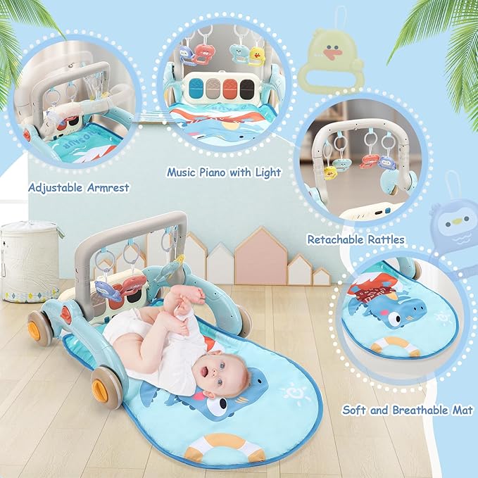 2 in 1 Baby Play Gym with Walker for Newborn, Baby Play Mat Activity Gym with 4 Infant Learning Sensory Tummy Time Mat for Infant Christmas Gifts Adjustable Height (Blue)-CubbioJoy
