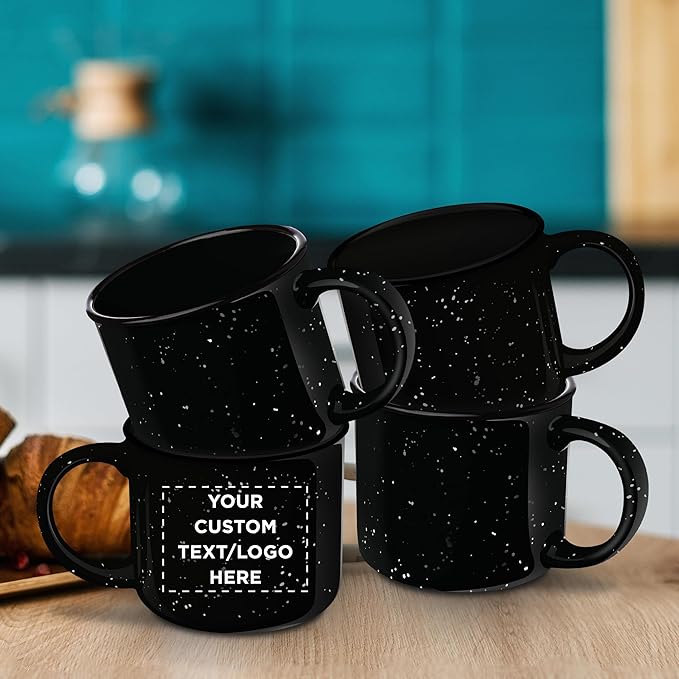 DISCOUNT PROMOS Custom Ceramic Campfire Coffee Mugs 13 oz. Set of 10, Personalized Bulk Pack - Perfect for Tea, Espresso, Cappuccino, Hot Cocoa - Black-CubbioJoy