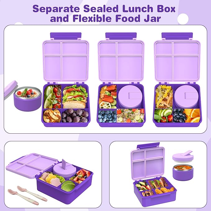 Bento Lunch Box with 8oz Soup Thermo, Kids Leakproof Lunch Food Containers with 4 Compartment, Kids Thermo Insulated Hot Food Jar for School, Trvael (Purple)-CubbioJoy