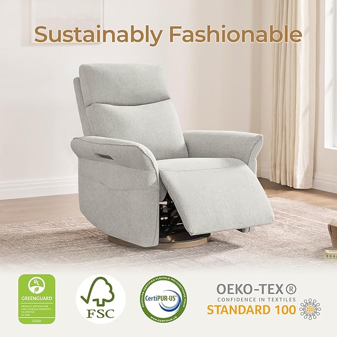 CHITA Power Recliner Chair, Electric Triple-Motor Swivel Glider Nursery Rocking Chair with Adjustable Power Headrest and Lumbar Support, GREENGARD Gold Certified, Solid Wood Base, Crockery Grey-CubbioJoy