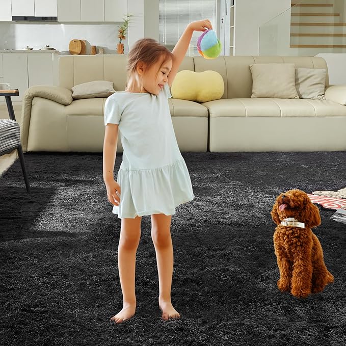 5X8 Ultra Soft Rug for Living Room, Fluffy Shag Area Rug for Bedroom, Modern Shaggy Carpets Fuzzy Rug for Teens Dorm Nursery Home Decor Aesthetic, Upgrade Anti-Skid Durable, Black-CubbioJoy